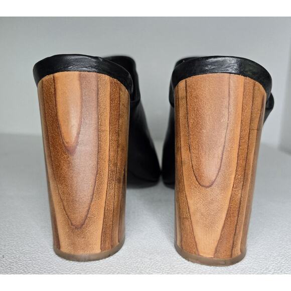 TORY BURCH Black Leather Raya Heels Mules Wooden Heel Peep Toe sz 8.5 - Picture 7 of 10